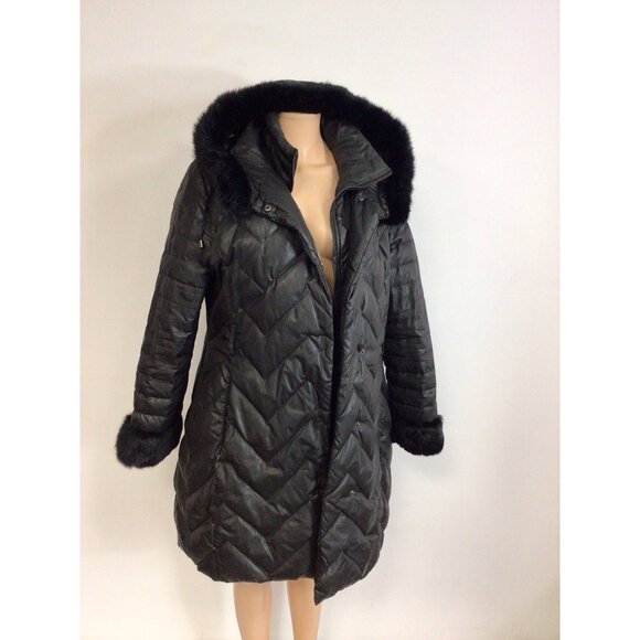 Via Spiga Down Jacket Puffer Coat Real Fur Trim Womens Large - Picture 3 of 8